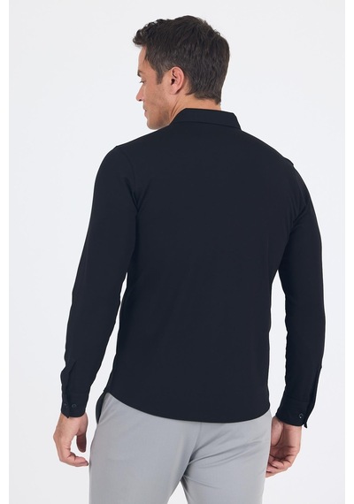 İmza Siyah İtalyan Düğmeli Yaka Uzunkol Cepsiz Slim Fit Gömlek 1004250254 Siyah