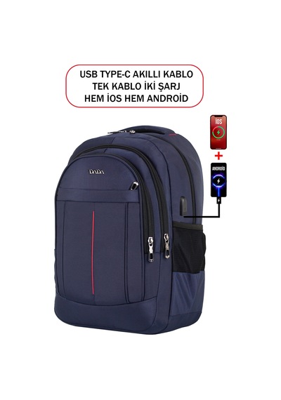 Dada 01 Lacivert Laptop Sırt Çantası 15,6 İnç Usb Type-c Şarj Aparatı Darbe Emici Koruma