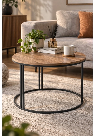 Sulorahome Ceviz Desenli Yuvarlak Orta Sehpa Kahverengi 70 Cm