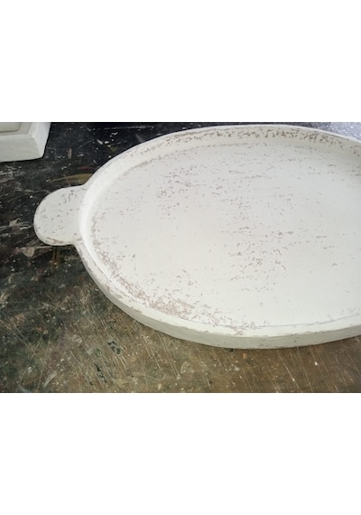 Orion Serisi Büyük Boy Kulplu Eskitme Beyaz El Yapımı Kırılmaz Sunum Tepsisi 33x53 Cm
