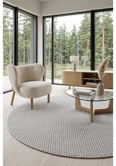 Divan Şönil Pamuklu Tek Renk Desensiz Kilim Yuvarlak Halı Hr-5841 Açık Gri