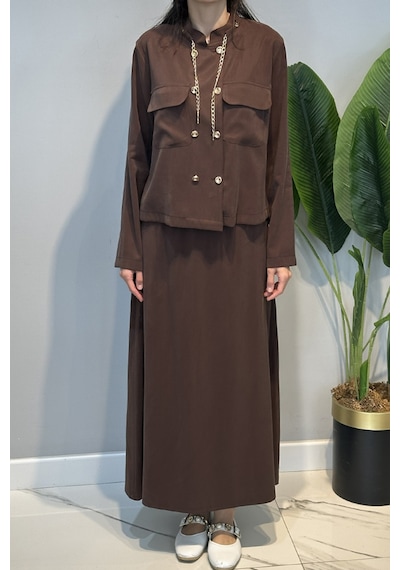 Lale Butik Yakası Zincir Detay Etekli Takım 26198 Kahverengi