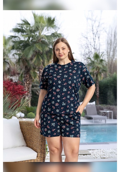Aydoğan Kadın Lara Büyük Beden Şortlu Cotton Lacivert Pijama Takım 0156