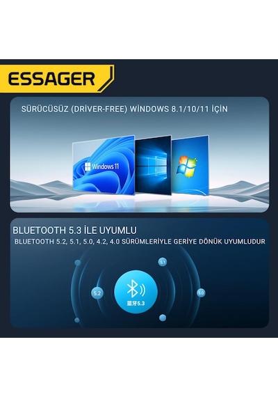 Essager Bluetooth Vers.5.3 Usb Bluetooth Adaptör Usb Bluetooth 5.3 Wireless Adaptör Tak Çalıştır