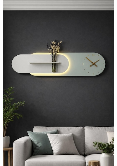 Kardelen Ahşap Pilli Ledli İskandinav Tarzı Salon Duvar Rafı Modern Çiçeklik 112 X 28 Cm Paris Grisi - Yeşil