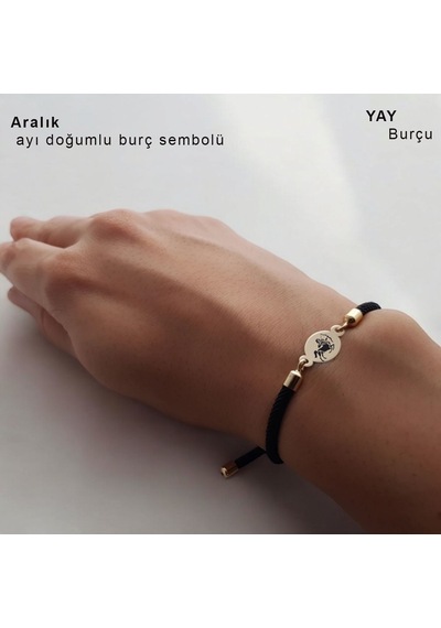 Yay Burçları İçin 14 Ayar Altın Plakalı Oval Motifli İpek Örgülü Hediye Bileklik-320burç-siyah Altın