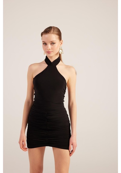 Holly Lolly Halter Yaka Büzgülü Mini Perla Elbise Siyah