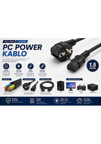Pc Power Güç Kablosu 1.5 M Iec C13 3 0.75 Mm²