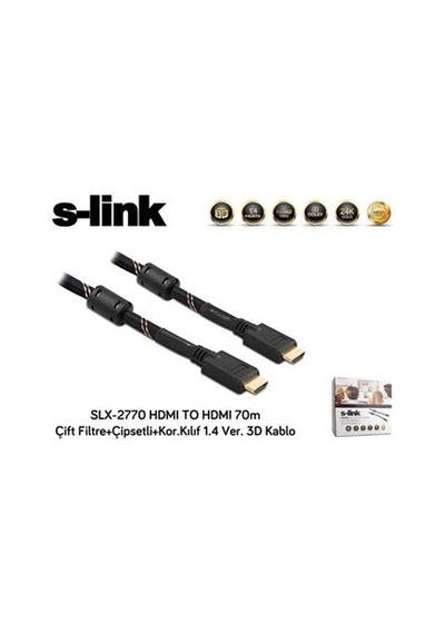 S-link Slx-2770 Hdmı To Hdmı 70m Çift Filtre+çipsetli+kor.kılıf 1.4 Ver. 3d Kablo Kdo