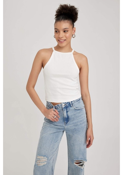 Defacto Coool Fitted Halter Yaka Beyaz Ribana Basic Atlet Y8507AZ23SMWT32