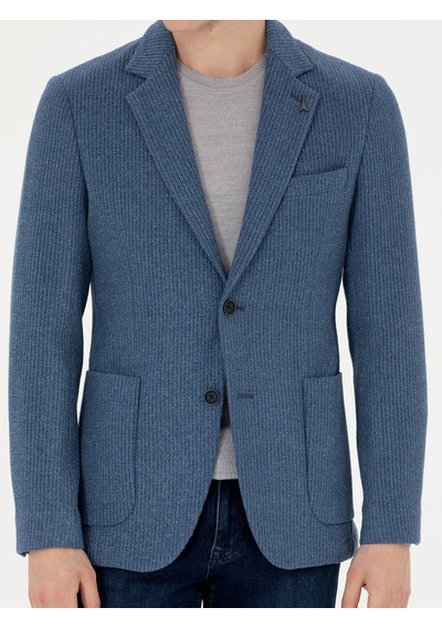 Cacharel Mavi Slim Fit Yün Karışımlı Flanel Ceket