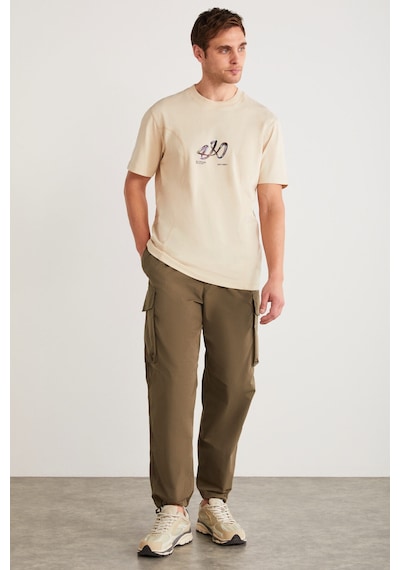 Grimelange Pablo Erkek %100 Organik Pamuklu Regular Önü Baskılı Dikiş Dekoratif Detaylı Bej T-shirt Bej