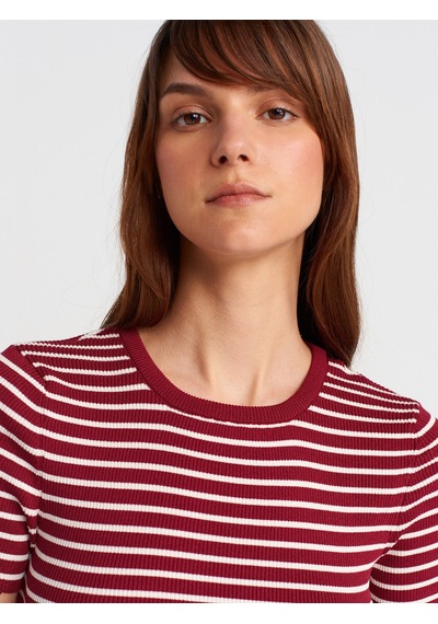 Dilvin 10758 Bisiklet Yaka Çizgili Basic Triko Bluz-bordo-ekru Bordo-ekru