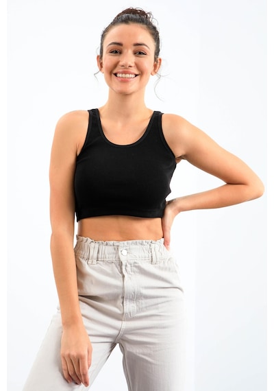 Tommy Life Siyah Basic Sıfır Kol Dar Kalıp U Yaka Kadın Crop Top Atlet - 97162 Siyah