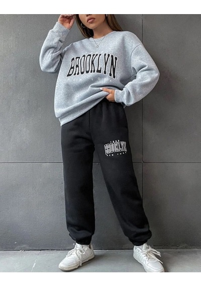 Oversize Basic Eşofman Takımı Alt Siyah Üst Gri Gri