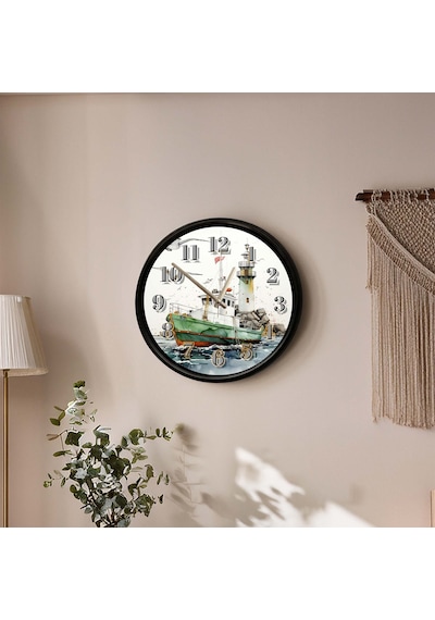 Deniz Feneri Ve Balıkçı Teknesi Temalı Dekoratif Duvar Saati 28 Cm Sessiz Mekanizma Çok Renkli 51463460