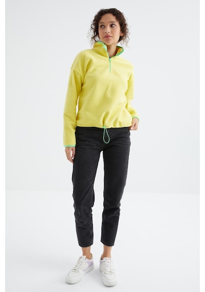 Tommy Life Limon Yarım Fermuar Etek Ucu Büzgülü Dik Yaka Oversize Kadın Polar Sweatshirt - 97234 Limon Sarısı