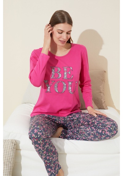 Siyah İnci Pamuklu Örme Pijama Takım 24240091 Fuşya