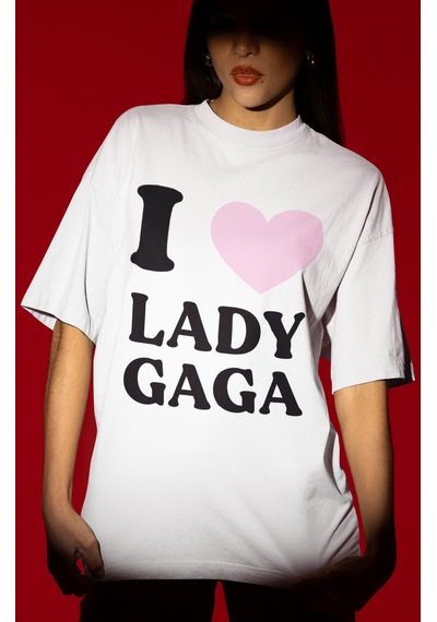 Sevbano Tasarım I Love Lady Gaga Şarkıcı Baskılı Unisex Oversize Tişört Beyaz