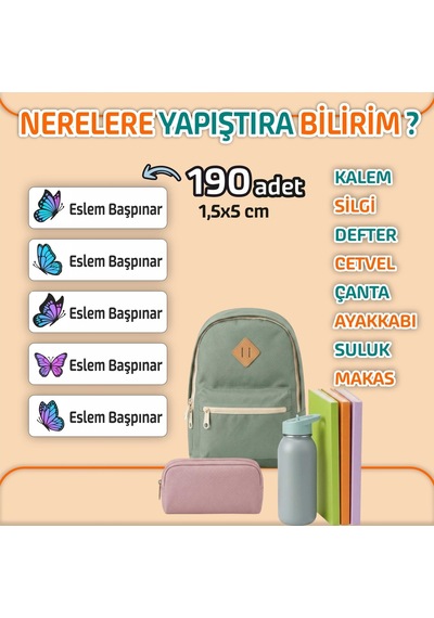 Kapbirhediye Okul Etiketi Isme Özel Kalem Defter Etiketi Kelebek Temalı 190 Adet Çok Renkli