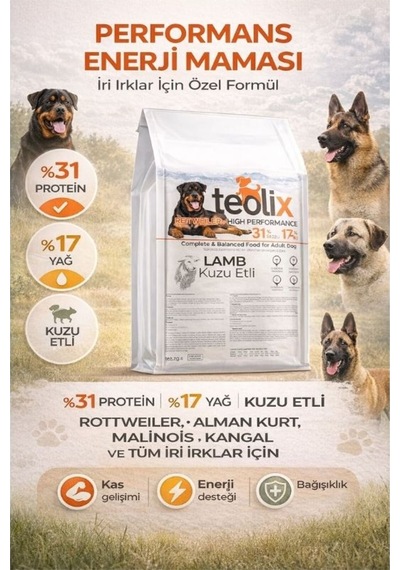 Teolix Kuzu Etli Köpek Maması 15 Kg %31 Protein %17 Yağ İri Irklar İçin Enerji Maması