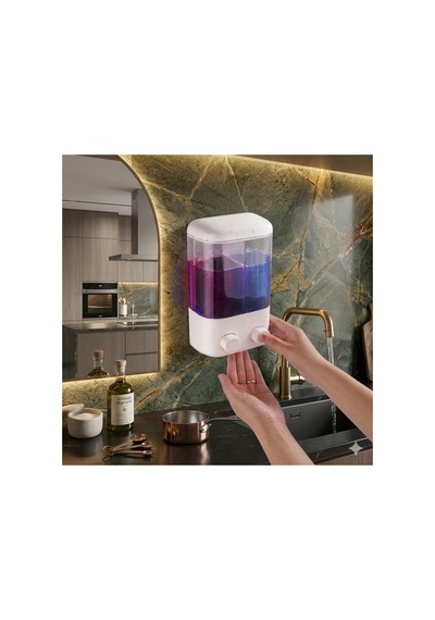Yapışkanlı Sıvı Sabunluk 1000 Ml 2 Bölmeli Duvar Tipi Banyo Mutfak Dispenser V-2 Beyaz