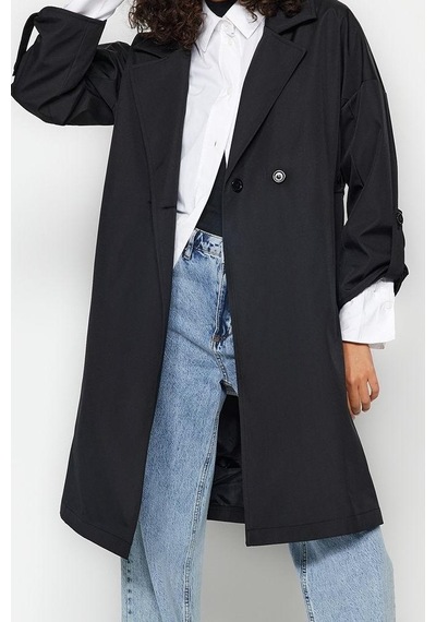 Ersefa Tasarım Düz Astarlı Yaka Midi Oversize Ceket Kadın Oversize Kuşak Siyah