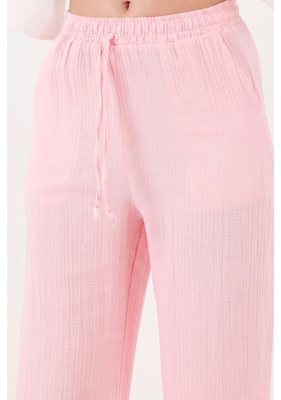 Lela Pamuklu Bağlamalı Relaxed Fit Yüksek Bel Geniş Paça Müslin Pantolon Bayan Pantolon 5866663 Pembe