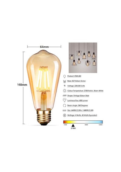 Edison Vintage Led Ampul E27 4w/220v 2600-2700 K Retro Antik, Kehribar Sıcak, 6'lı Paket Standart