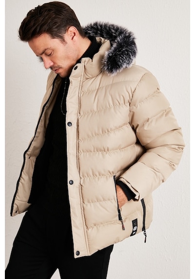 Buratti Slim Fit Suni Kürklü Peluş Astarlı Çıkarılabilir Kapüşonlu Şişme Erkek Mont 5761080 B Taş