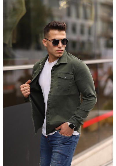 Haki Renk Çıt Çıt Düğmeli Çift Cep Kot Gömlek Haki Yeşil