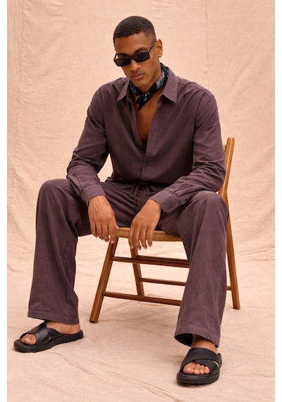 Tarz Cool Erkek Haki Tencel Kumaş Oversize Gömlek Pantolon Takım Rahat Kesim Yazlık Kombin Bordo