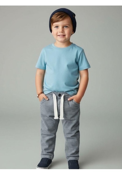 Zekids Erkek Çocuk Çizgili İnce Keten Pantolon-16809 Lacivert