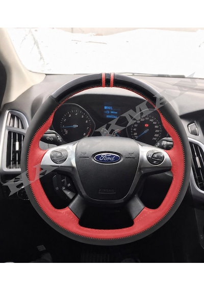 Ford Courier Dikme Direksiyon Kılıfı Parlak Siyah Kırmızı Detaylı Kırmızı Çift Yüzük Ve Dikiş 2014-2023