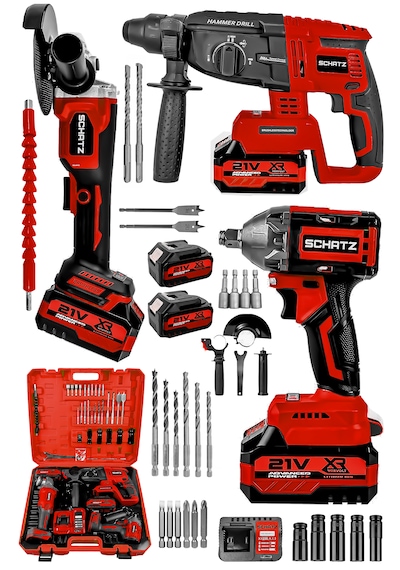 Schatz 21v Kömürsüz Çift Akülü Şarjlı 3'lü Set Spiral Taşlama + Kırıcı Delici Hilti + Somun Sıkma Sökme Makinesi Kırmızı