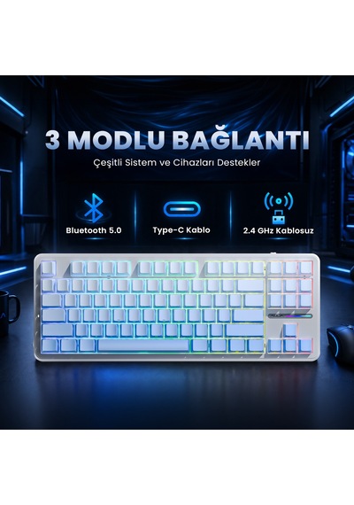Aula F87 Pro Mekanik Rgb Tkl Graywood V4 Switch Kablosuz Makrolu Hot Swap Klavye Gradyan Mavi