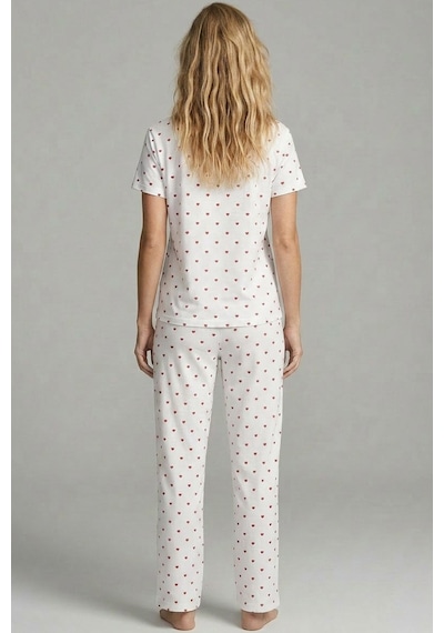 Siyah İnci Pamuklu Örme Pijama Takımı 8025 Beyaz Kırmızı Kalp