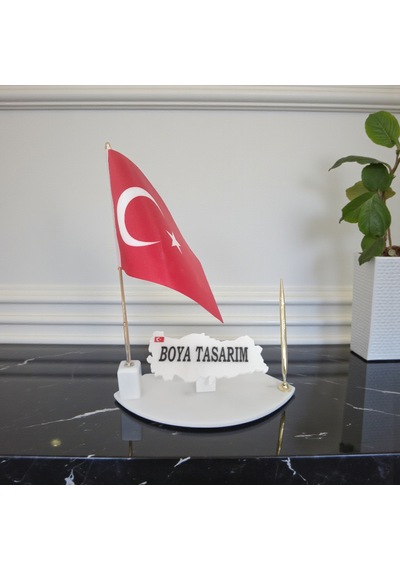 Doğal Beyaz Harita Mermer İsimlik Bayrak Ve Kalemli Gold