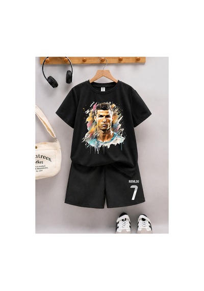 Stil-x Ronaldo Baskılı Erkek Çocuk Şort Takım Siyah