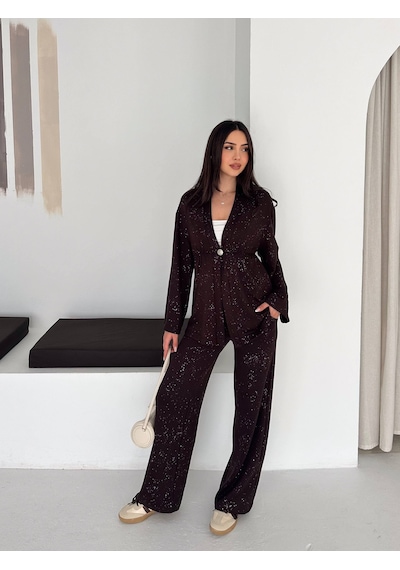 Kadın Simli Uzun Kol Modal Kumaş Kimono Pantolon İkili Takım Şık Ve Rahat Kadın Takım Kahverengi Kadın Simli Uzun Kol Modal Kumaş Kimono Pantolon İkili Takım Şık Ve Rahat Kadın Takım Kahverengi