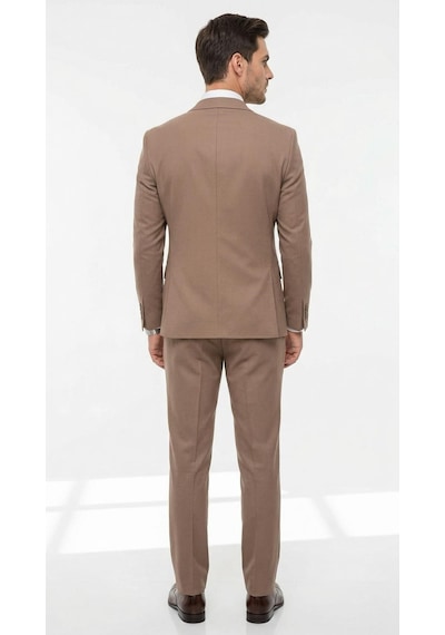 Erkek Slim Fit Mikro Desenli Takım Elbise 2 Düğmeli Çift Yırtmaçlı Modern Ceket Pantolon Takım Vizon