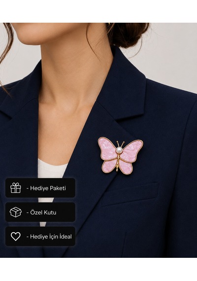 Pembe Butterfly Kadın Broşu İnci Detaylı Zarif Altın Renk Hediye Aksesuar Açık Gri