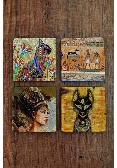 Doğal Taş Bardak Altlığı Antik Mısır Desenleri 4'lü Set Çok Renkli
