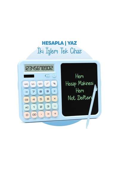 Lcd Ekran Yazı Tahtalı Hesap Makinesi 12 Haneli Tabletli Hesap Makinesi Pastel Mavi