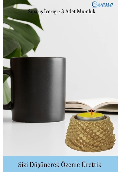 Mumluk Şamdan 3 Adet Tealight Ve İnce Mum Uyumlu Ejderha Yumurtası Model - Altın