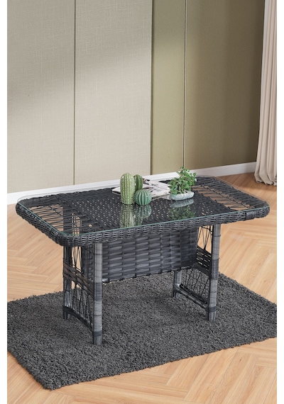 Paris Rattan Puflu Bahçe Balkon Takımı 3+1+1 Cam Masalı Antrasit
