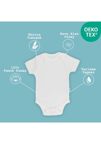 Novibaby 5'li Bebek Body Zıbın Çıtçıtlı Kısa Kol Ekru 100% Pamuk 1-3 Ay Ekru