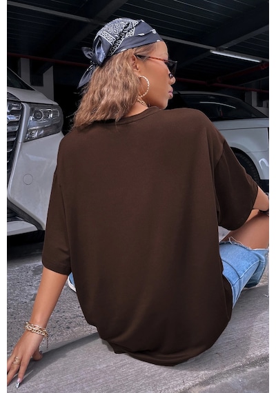 Unisex Pleasure Baskılı Oversize Tshirt Kahverengi