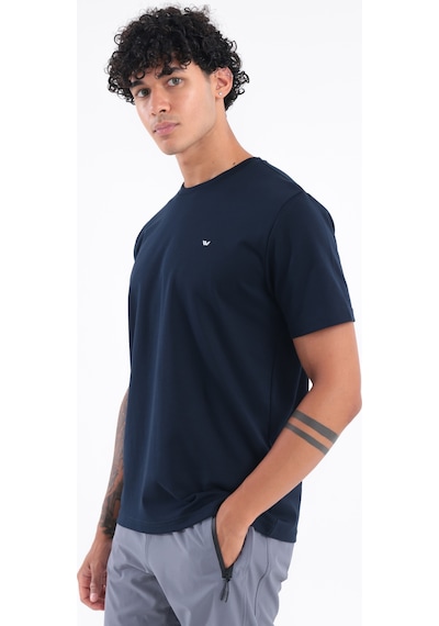 Rowinger Modal İnterlock Kumaş Minimal Logolu Bisiklet Yaka Erkek Spor T-shirt Navyblue