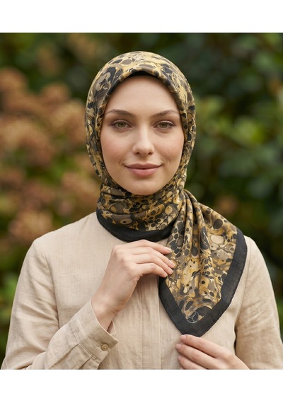 Ochre Desen 90x90cm Matte Cotton Eşarp Haki-siyah
